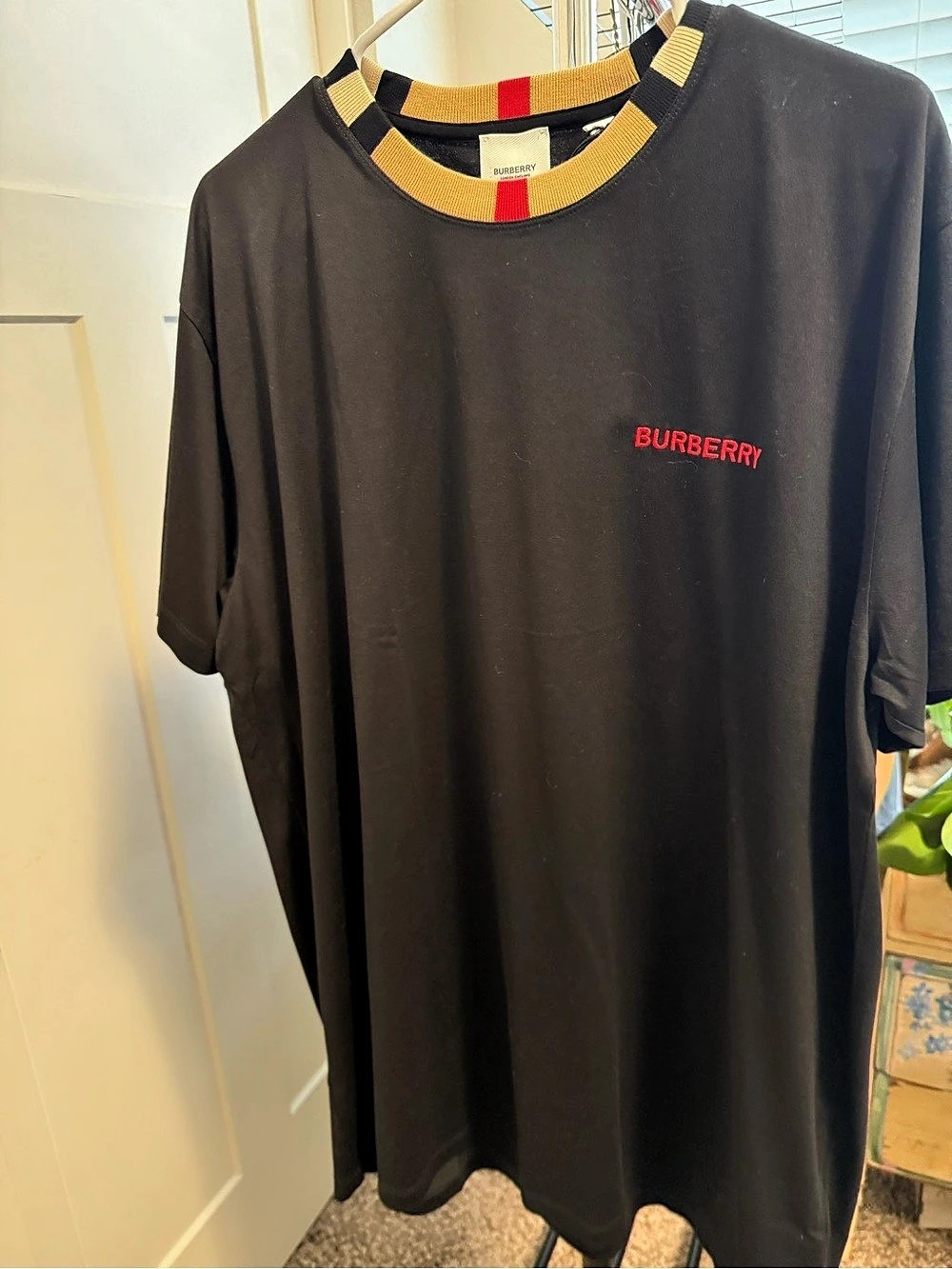 Burberry Icon Stripe Trim Cotton T-Shirt Black Size Large